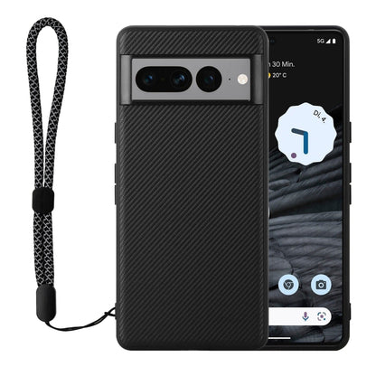 Black carbon-fiber texture phone case with lanyard and camera cutouts for Pixel