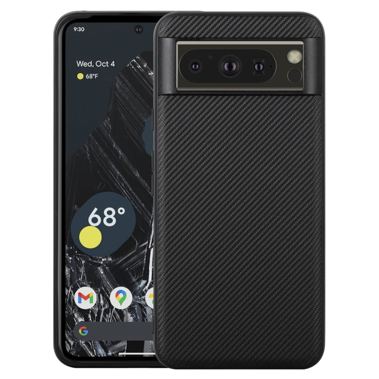 Black carbon-fiber texture phone case with camera cutouts and raised back panel