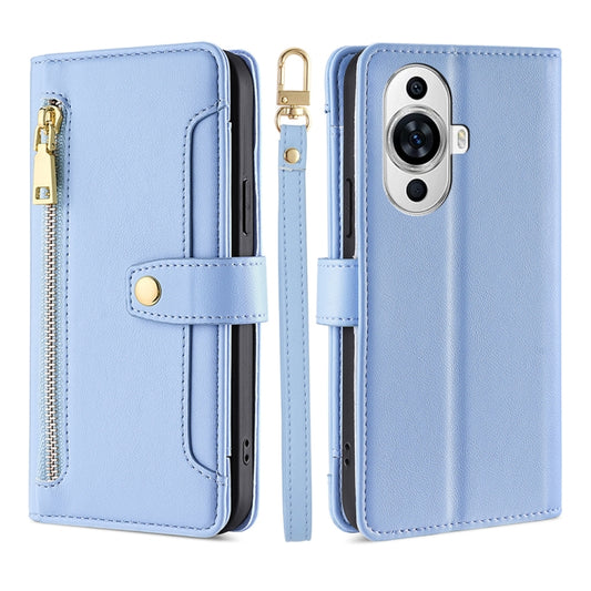 Light blue leather cross-body zipper wallet phone case with strap and card slots