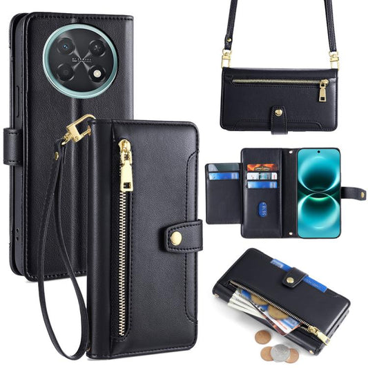 Black leather-look phone wallet with cross-body strap, card slots, and front zipper pocket