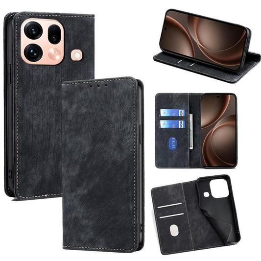 Black magnetic leather phone case with folio cover, card slots, and kickstand