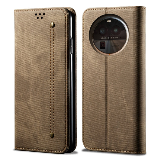Khaki denim-texture flip leather phone case with stitched strap and camera cutout
