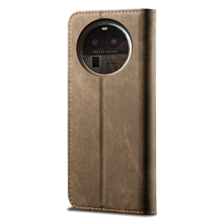 Khaki denim-texture flip phone case with circular camera window on the cover