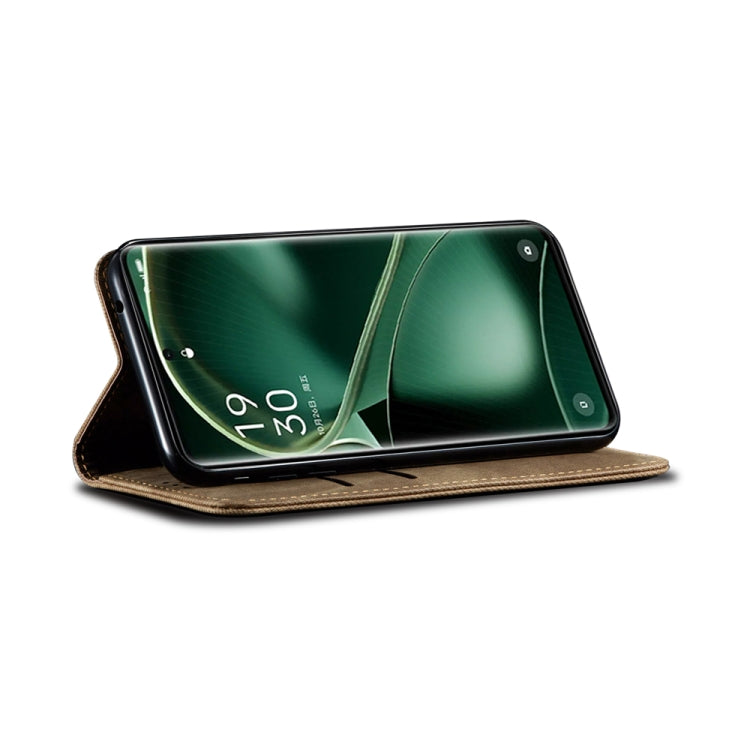 Khaki flip leather phone case with open cover holding phone in landscape view
