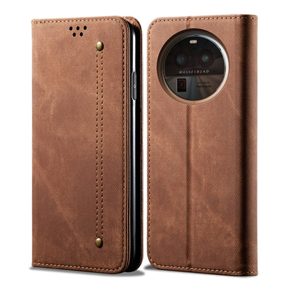 Tan flip leather phone case with circular rear camera window and stitched front panel