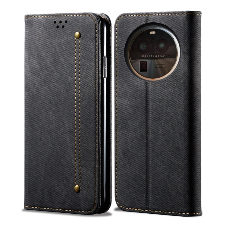 Denim texture flip leather phone case in black/dark gray with stitching and camera cutout