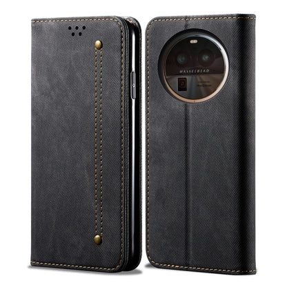 Denim texture flip leather phone case in black/dark gray with stitching and camera cutout