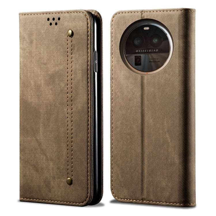 Khaki flip leather phone case with circular camera window on the back cover