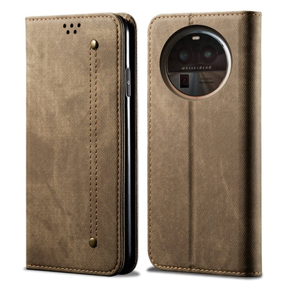 Khaki flip leather phone case with circular camera window on the back cover