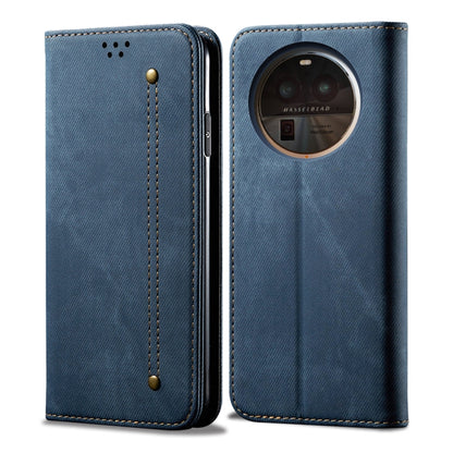 Denim texture flip leather phone case in blue with flip cover and camera cutout
