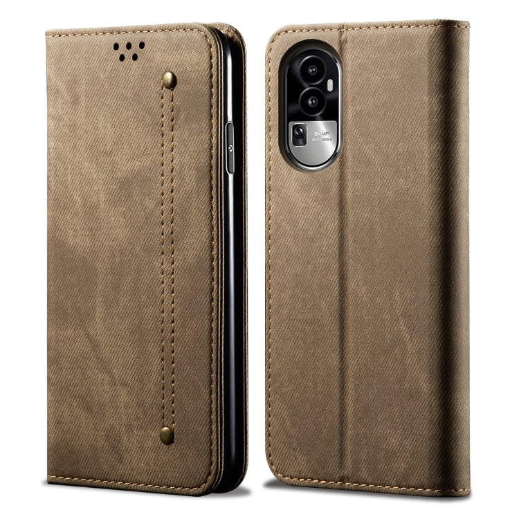 Khaki denim-texture flip leather phone case showing front and camera cover