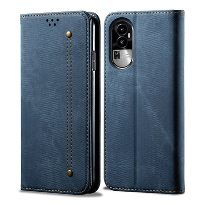 Denim texture flip leather phone case in blue with stitching and camera cutout