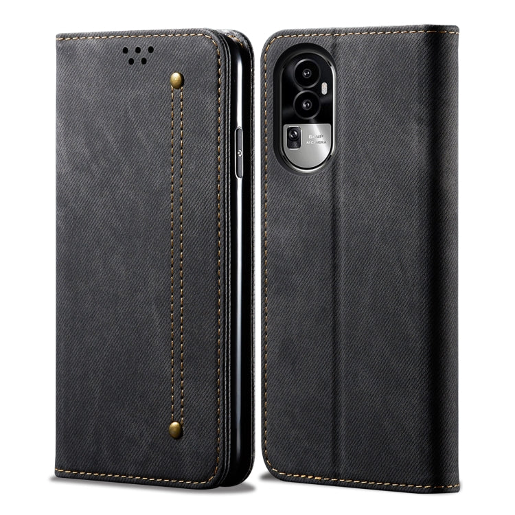 Denim texture flip leather phone case in dark blue with stitching and camera cutout