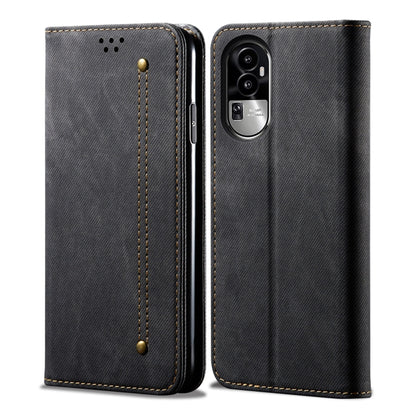 Denim texture flip leather phone case in dark blue with stitching and camera cutout