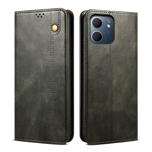 Dark green oil-wax leather phone case with top snap and stitched vertical seam