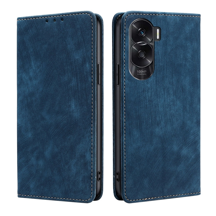 Blue leather magnetic phone case with camera cutout