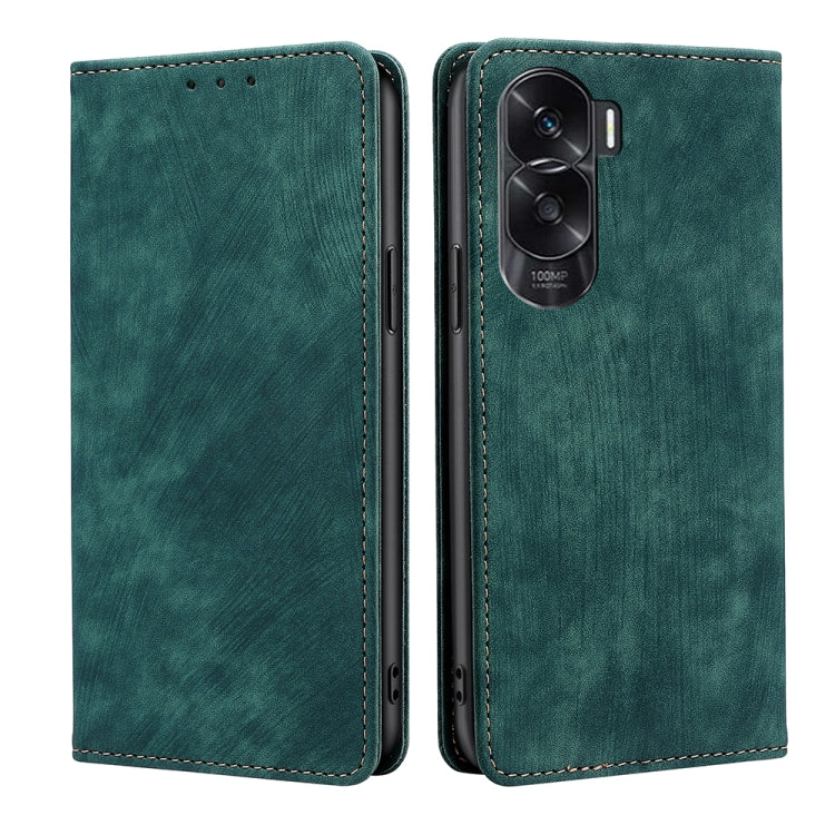 Green leather magnetic phone case with camera cutout
