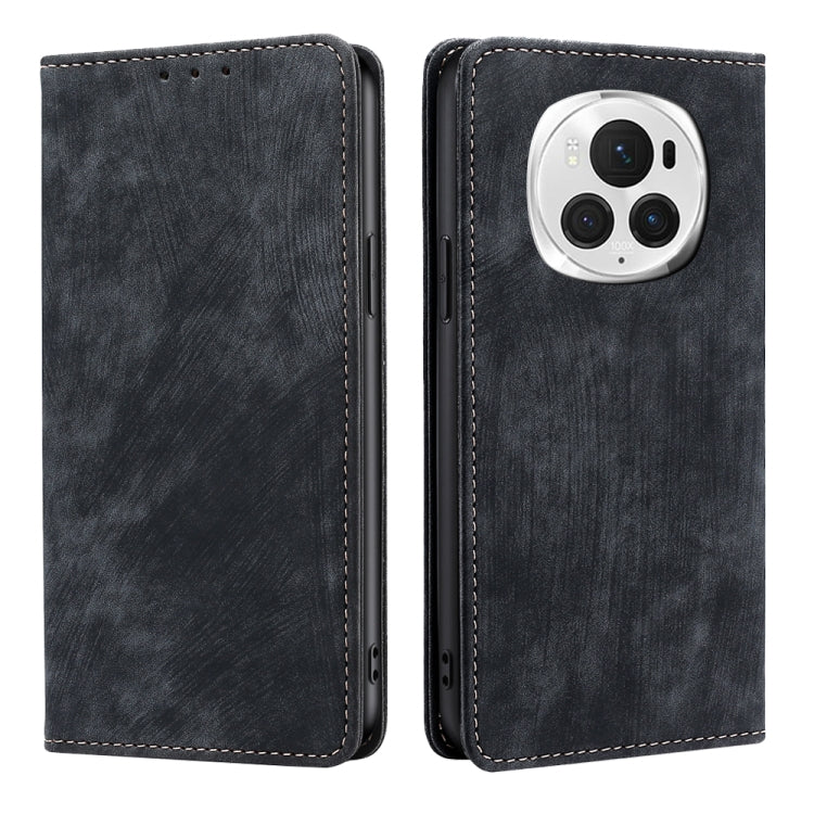 Dark gray leather phone case with front flap, camera cutout, and stitched edges