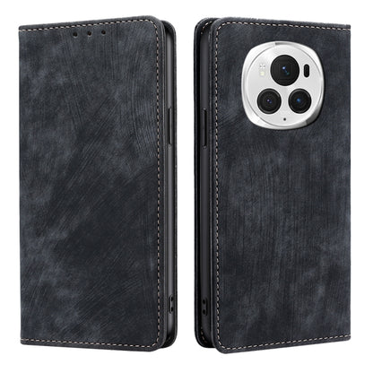 Dark gray leather phone case with front flap, camera cutout, and stitched edges