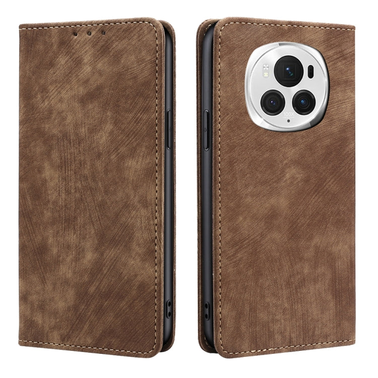Brown leather phone case with front flap, camera cutout, and stitched edges
