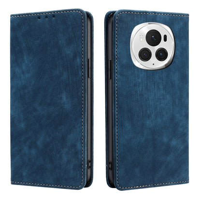 Blue leather phone case with front flap, camera cutout, and stitched edges