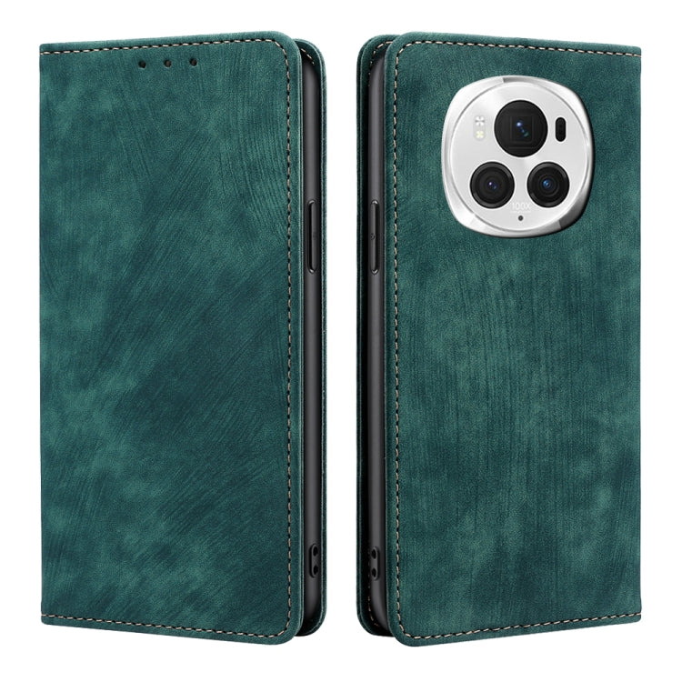 Green leather phone case with front flap, camera cutout, and stitched edges