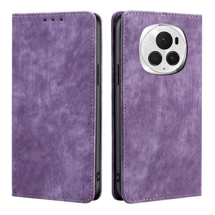 Purple leather phone case with front flap and camera opening, stitched border