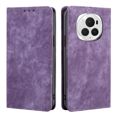 Purple leather phone case with front flap and camera opening, stitched border