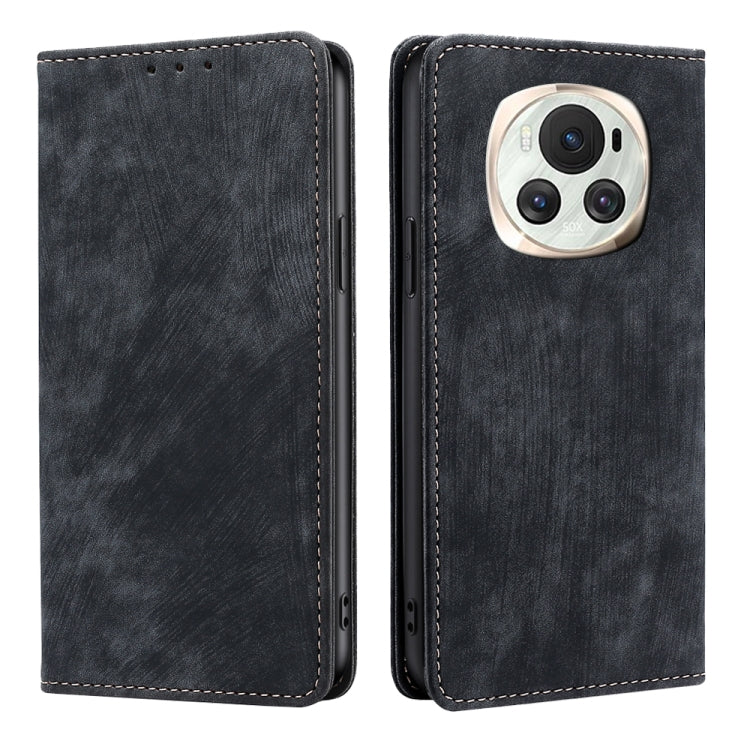 Dark gray leather phone case with front flap and camera opening, stitched border