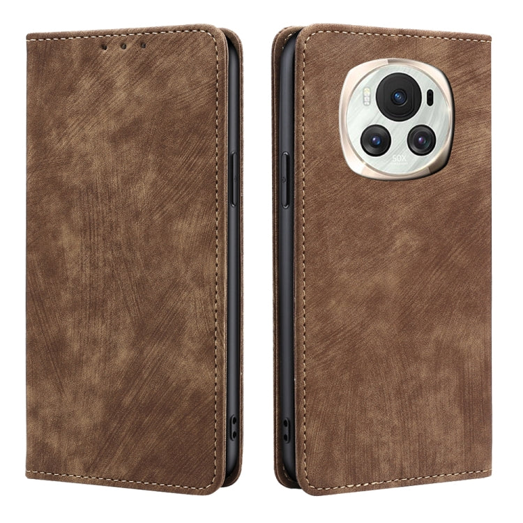 Brown leather phone case with front flap and camera opening, stitched border