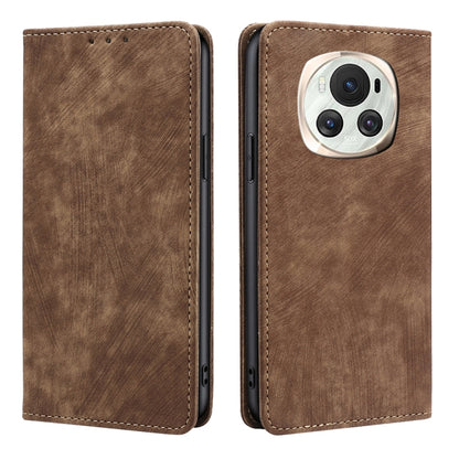 Brown leather phone case with front flap and camera opening, stitched border