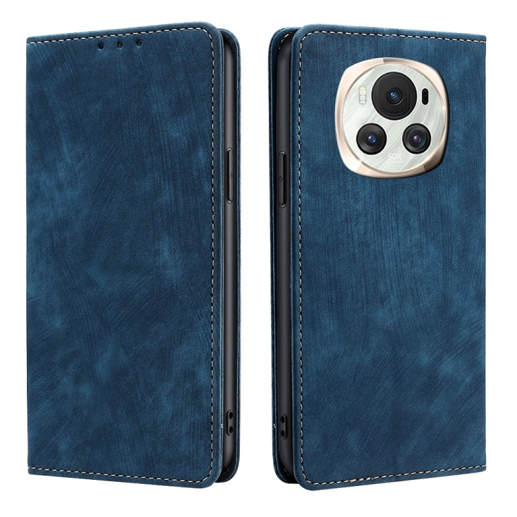 Blue leather phone case with front flap and camera opening, stitched border