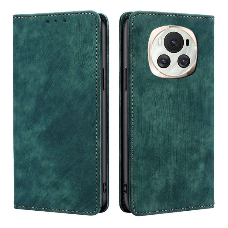 Green leather phone case with front flap and camera opening, stitched border