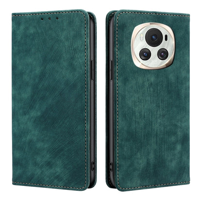 Green leather phone case with front flap and camera opening, stitched border