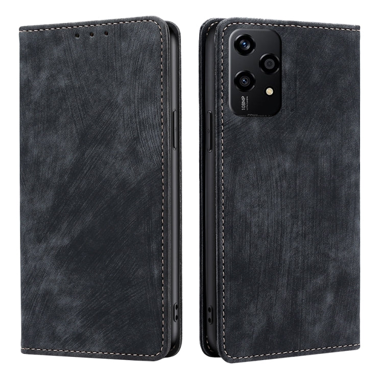 Magnetic leather phone case, dark gray-blue faux leather with stitched edges, two-sided view.