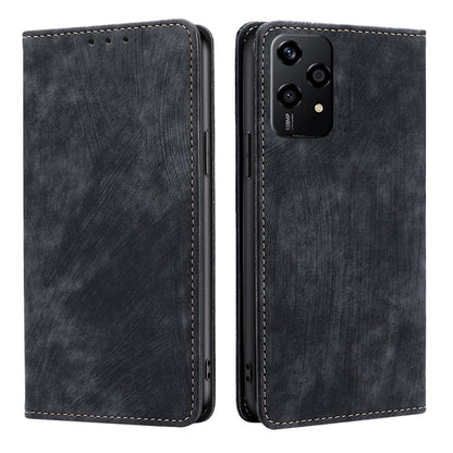 Magnetic leather phone case, dark gray-blue faux leather with stitched edges, two-sided view.