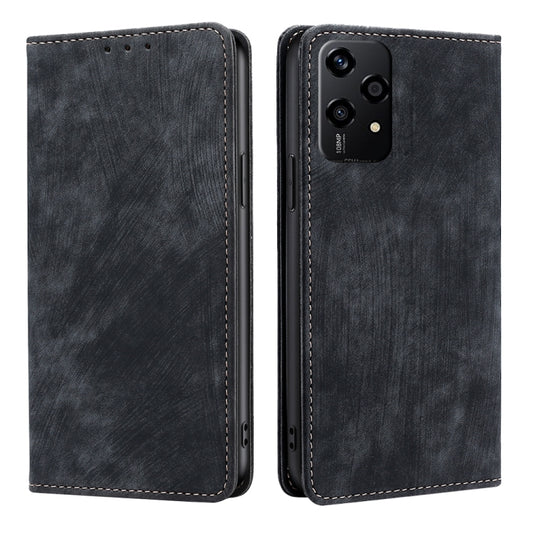 Magnetic leather phone case, dark gray-blue faux leather with stitched edges, two-sided view.