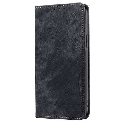 Magnetic leather phone case, dark gray-blue faux leather with stitched trim, front view.