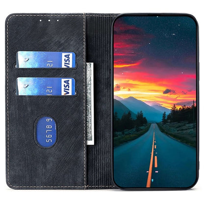 Wallet-style magnetic phone case with card slots, dark gray faux leather, phone partially inserted.