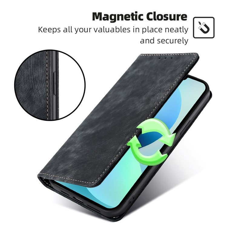 Magnetic leather wallet phone case, dark gray faux leather, flap closure shown.