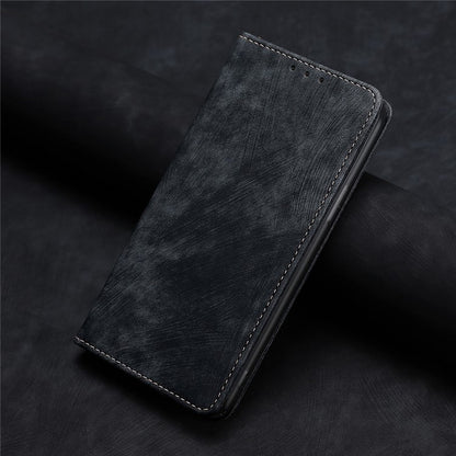 Magnetic leather phone case, dark gray faux leather with stitched borders, single closed view.
