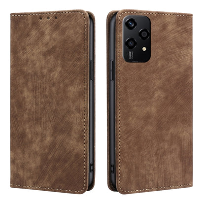 Magnetic leather phone case, brown faux leather with stitched edges, two-sided view.