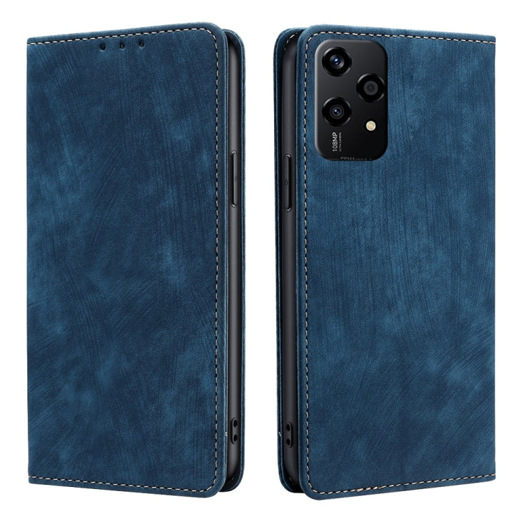 Magnetic leather phone case, blue faux leather with stitched edges, two-sided view.