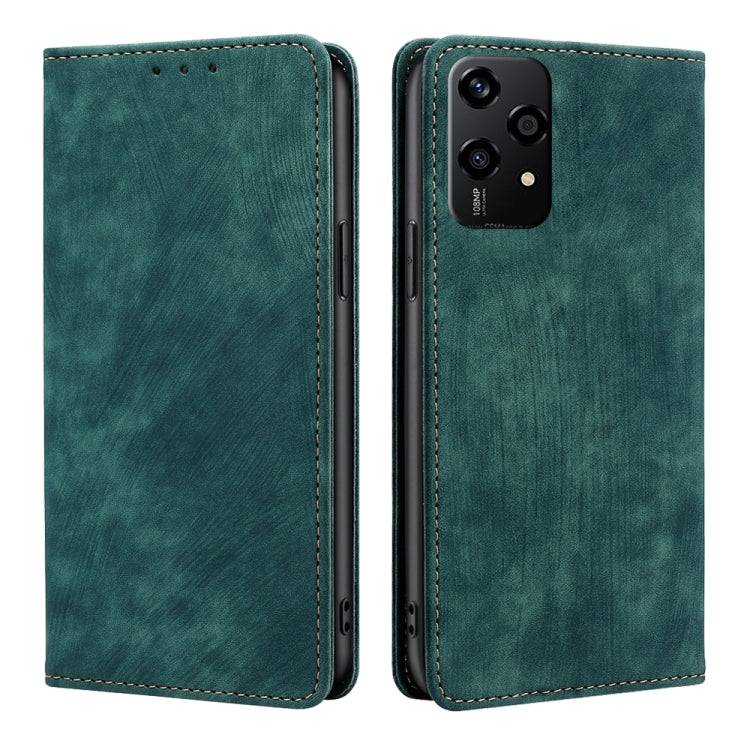Magnetic leather phone case, green faux leather with stitched edges, two-sided view.