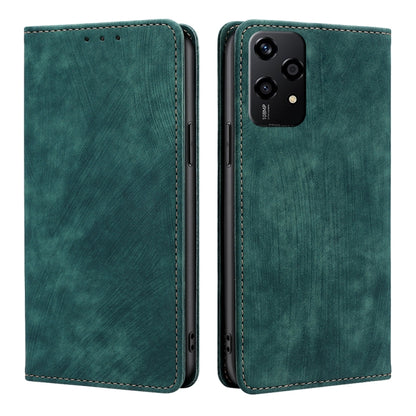 Magnetic leather phone case, green faux leather with stitched edges, two-sided view.