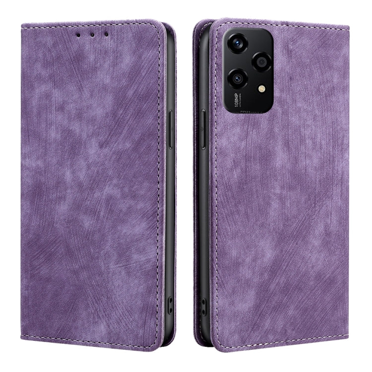 Purple leather phone case with front flap, camera cutout, and stitched edges