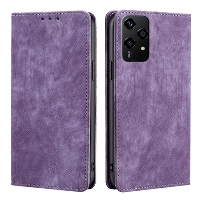 Purple leather phone case with front flap, camera cutout, and stitched edges