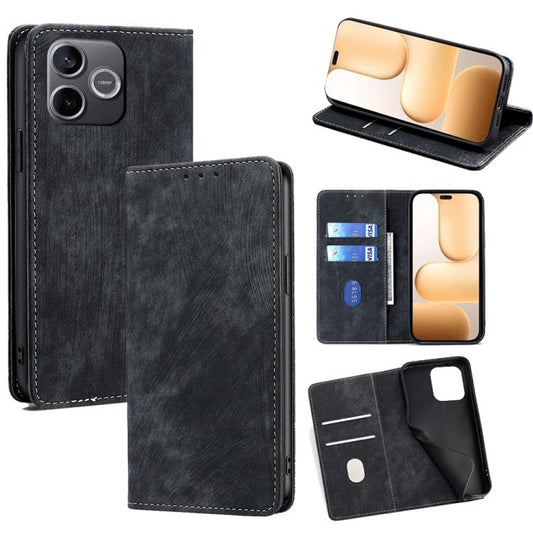 Black magnetic flip leather phone case with card slots and rear camera cutout