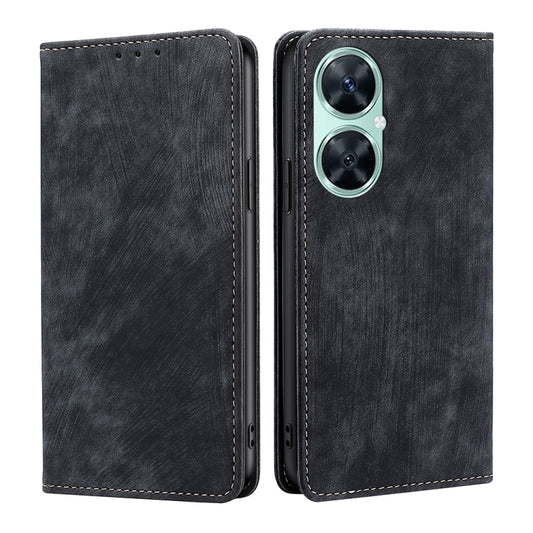 Black leather-style flip phone case with magnetic closure and stitched edges