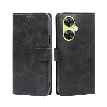 Calf-texture buckle flip leather phone case, black with front flap and center strap